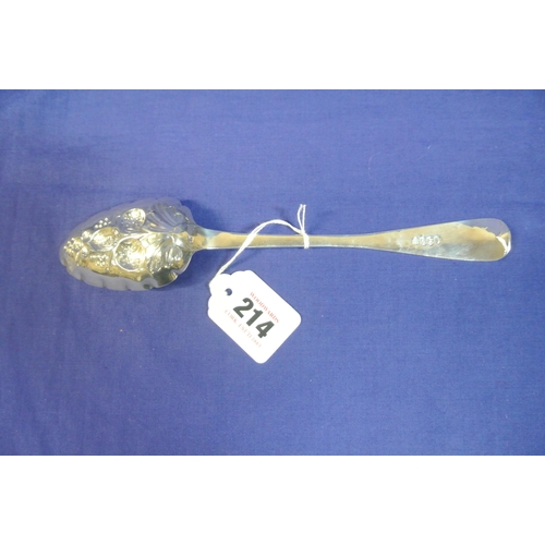 214 - Irish silver bright cut berry spoon with embossed oval bowl and crested handle, Dublin 1842, 24cm, 6... 