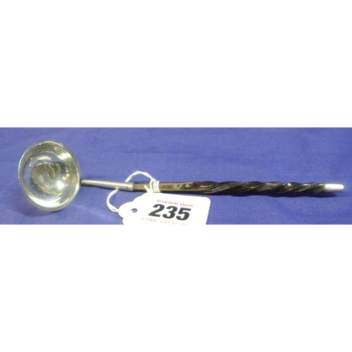 235 - Irish silver whiskey ladle with twist reeded timber handle, by James Brady, Dublin 1828. 17cm, 13g