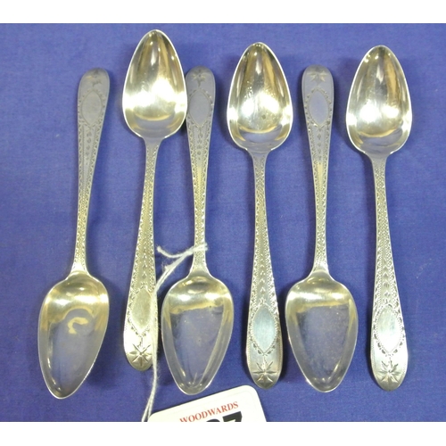 237 - Set of six Irish silver bright cut tea or coffee spoons by John Smyth, Dublin 1890.    12.5cm, 75g