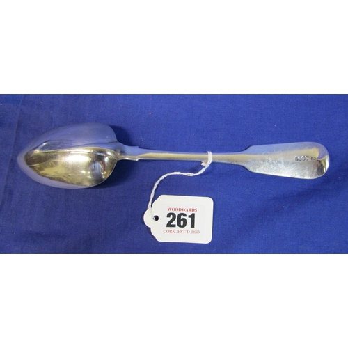 261 - Irish silver tablespoon with crested fiddle pattern handle, by James Salter, Cork 1823, 23cm, 81g