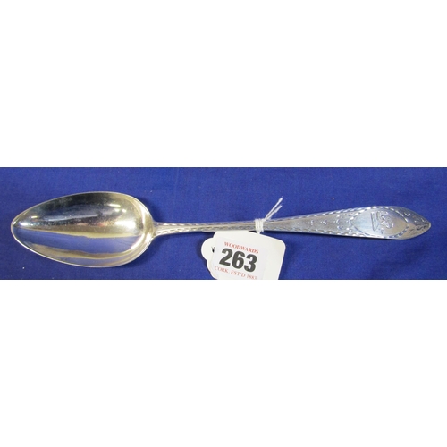 263 - Irish silver bright cut serving spoon by John Nicholson, Cork 1790, 25cm, 67g