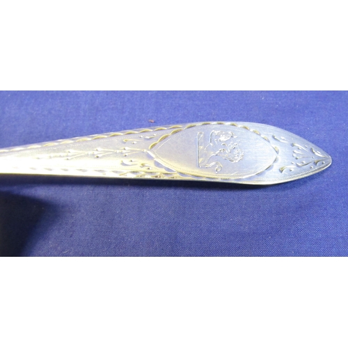 263 - Irish silver bright cut serving spoon by John Nicholson, Cork 1790, 25cm, 67g