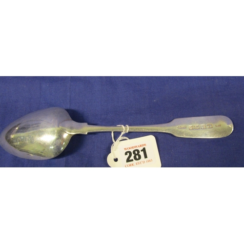 281 - Irish silver tablespoon with crested fiddle pattern handle, by Richard Whitford, Dublin 1809, 23cm, ... 