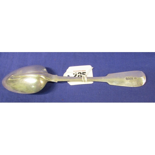 285 - Irish silver serving spoon with crested fiddle pattern handle, by James Salter, Cork 1825, 23cm, 78g