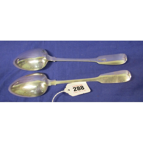 288 - Pair of Irish silver serving spoons with crested fiddle pattern handles, by Richard Garde, Cork 1823... 