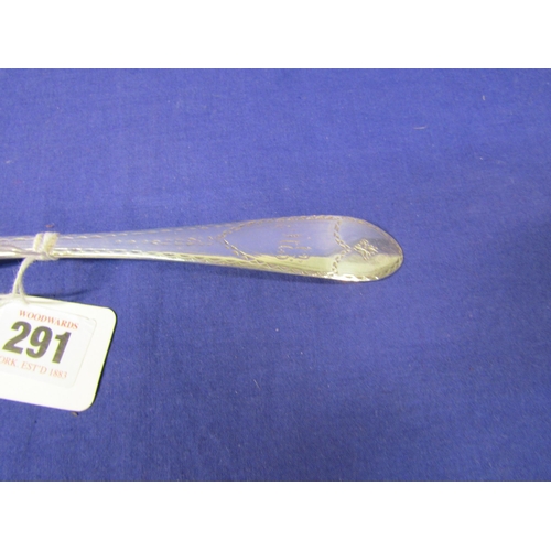 291 - Irish silver bright cut serving spoon by John Nicholson, Cork 1790, 23cm, 74g