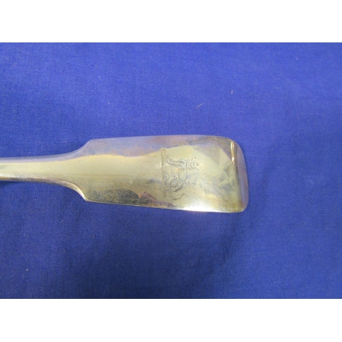 292 - Irish silver basting spoon with crested fiddle pattern handle, by James Salter, Cork 1826, 33cm, 121... 