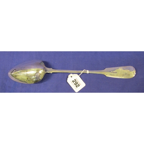 292 - Irish silver basting spoon with crested fiddle pattern handle, by James Salter, Cork 1826, 33cm, 121... 