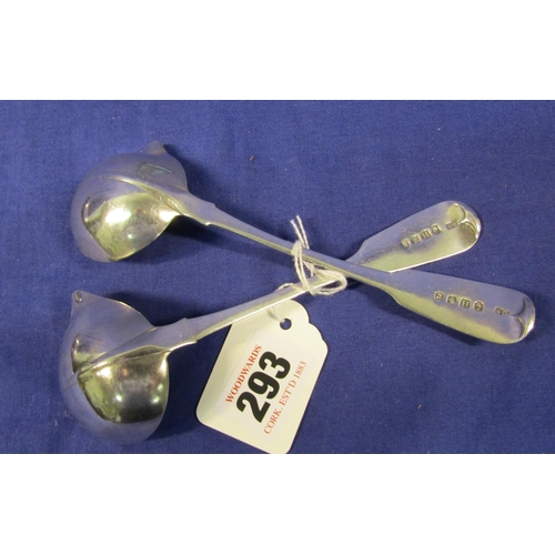 293 - Pair of Irish silver sauce ladles with crested fiddle pattern handles, by Samuel Green, Cork 1828. 1... 