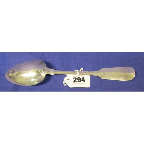 294 - Irish silver serving spoon with crested fiddle pattern handle, by Richard Garde, Cork 1805, 23cm, 83... 