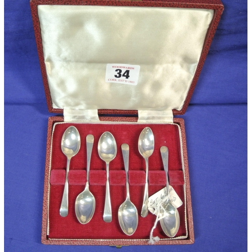 34 - Set of 6 Sheffield silver coffee spoons in case