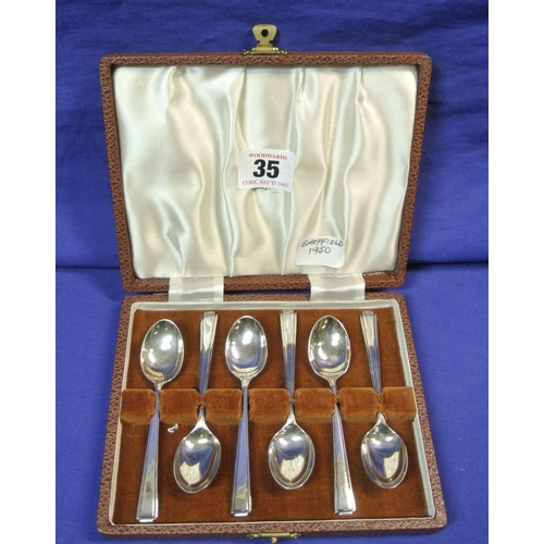 35 - Set of 6 English silver coffee spoons in case, Sheffield 1950