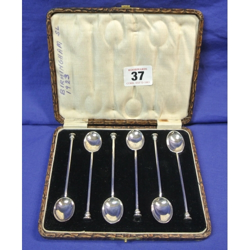 37 - Set of 6 Birmingham silver coffee spoons in case,