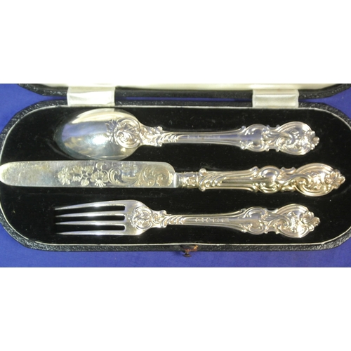 38 - Sheffield silver three piece christening set with ornate etched decoration, dated 1870