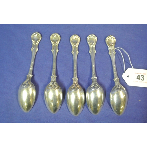 43 - English silver set of five teaspoons with kings pattern handles, London 1839