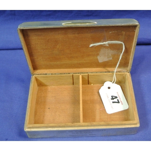 47 - English silver cigar box, Birmingham 1956. Inscribed 'From The Wardroom Officers, HMS Ariel, 30th Au... 