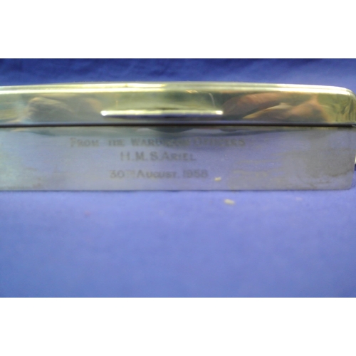 47 - English silver cigar box, Birmingham 1956. Inscribed 'From The Wardroom Officers, HMS Ariel, 30th Au... 