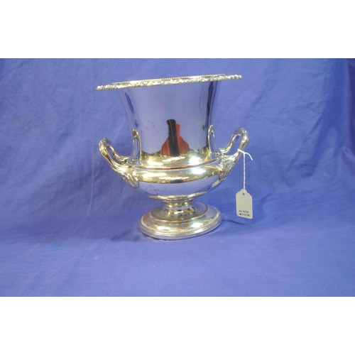 5 - Sheffield silver plated wine cooler with scroll and beaded rim, shaped handles, on stepped round bas... 