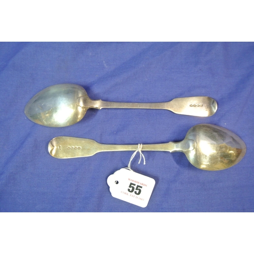 55 - Pair of Victorian English silver serving spoons with crested fiddle pattern handles, London 1837, Ma... 