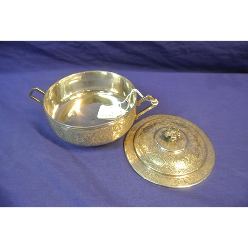 62 - Persian Silver Bowl with ornate decoration, cover and shaped handles, hallmarked late 19th century