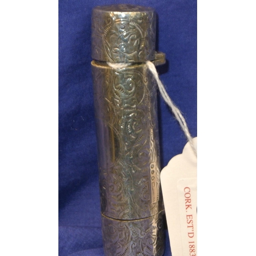 67 - Victorian English silver double ended scent bottle with scroll and foliate etching, London 1879