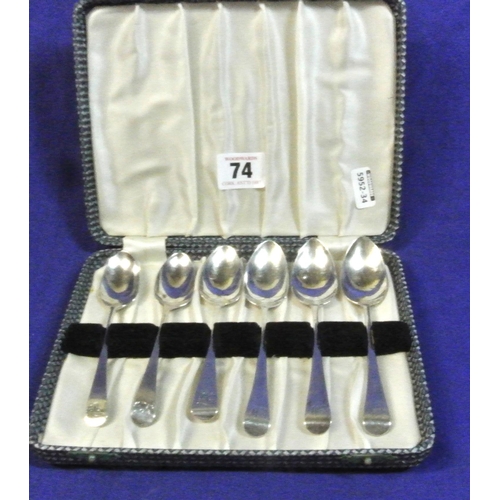 74 - Set of 6 Georgian London silver teaspoons woth Old English pattern crested handles, in presentation ... 