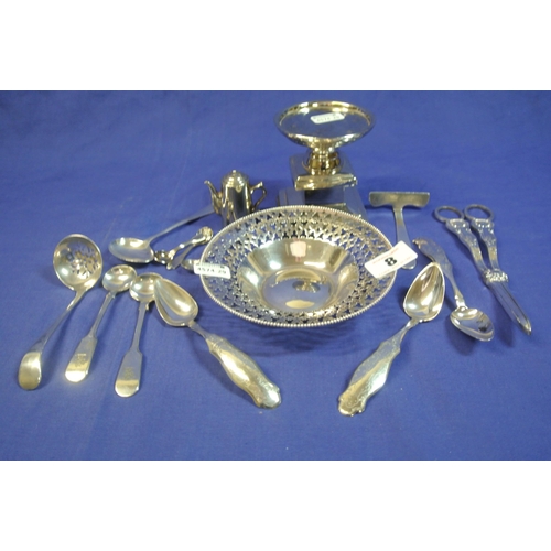 8 - Lot of assorted silver & plated items, stand, bon bon dish, Egans pusher, etc.