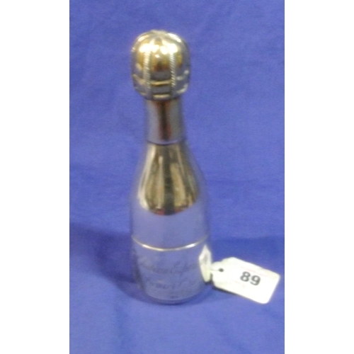 89 - Victorian London silver champagne bottle drink cup case, folding open to show hinged drink cup, insc... 