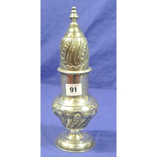 91 - Large Birmingam silver sugar caster with finial, reeded decoration, on spreading base. 28cm