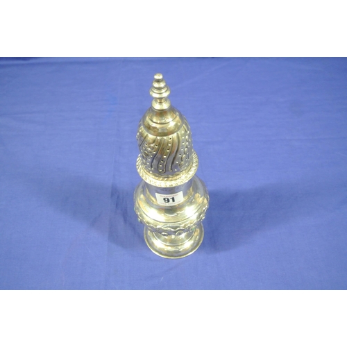 91 - Large Birmingam silver sugar caster with finial, reeded decoration, on spreading base. 28cm