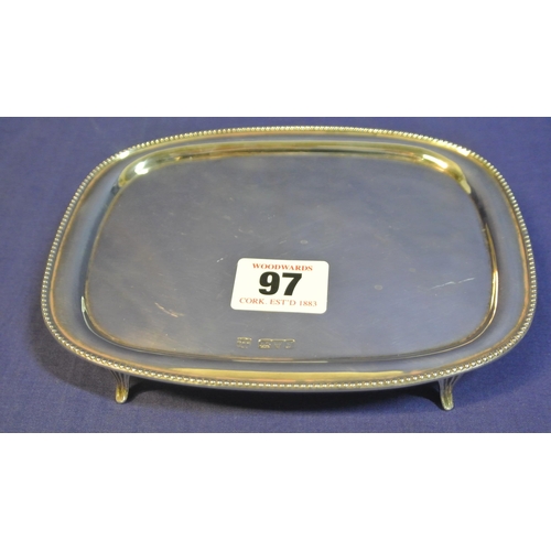 97 - Chester silver oval shaped salver with beaded rim, on tapering cast feet. 17cm l