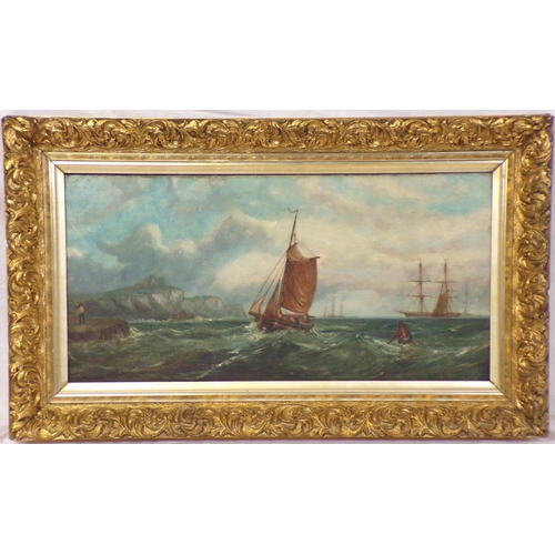 347 - Maritime school 'Boats off a headland' oil on canvas, 30x60cm, bears label of Andrew Barron, Framer,... 