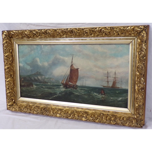 347 - Maritime school 'Boats off a headland' oil on canvas, 30x60cm, bears label of Andrew Barron, Framer,... 