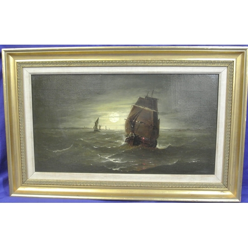 350 - J Morris 'Sailing under moonlight' oil on canvas, 25x45cm, signed lower left