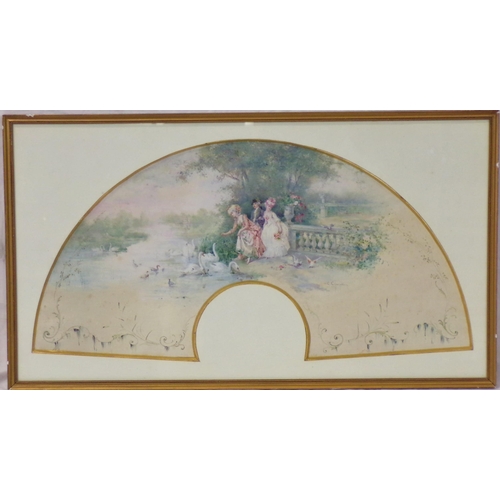 353 - Cecile Chenneviere, French, b. 1851 'Feeding the swans' fan shaped watercolour 56x28cn signed right ... 