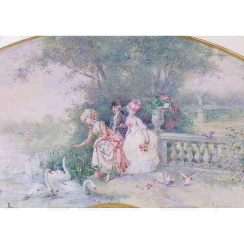 353 - Cecile Chenneviere, French, b. 1851 'Feeding the swans' fan shaped watercolour 56x28cn signed right ... 