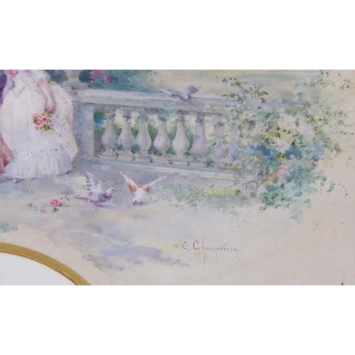 353 - Cecile Chenneviere, French, b. 1851 'Feeding the swans' fan shaped watercolour 56x28cn signed right ... 