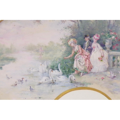 353 - Cecile Chenneviere, French, b. 1851 'Feeding the swans' fan shaped watercolour 56x28cn signed right ... 