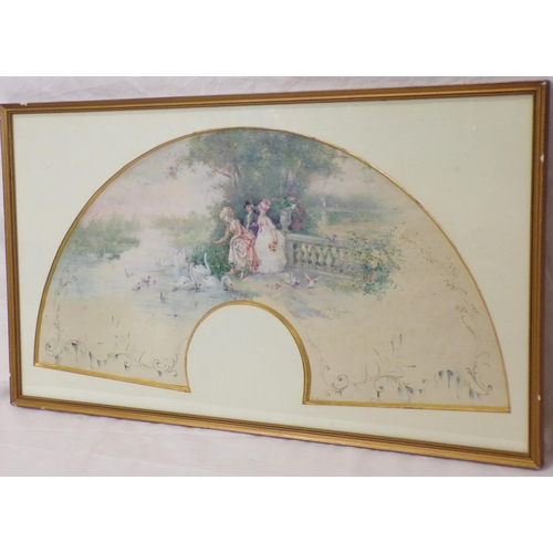 353 - Cecile Chenneviere, French, b. 1851 'Feeding the swans' fan shaped watercolour 56x28cn signed right ... 