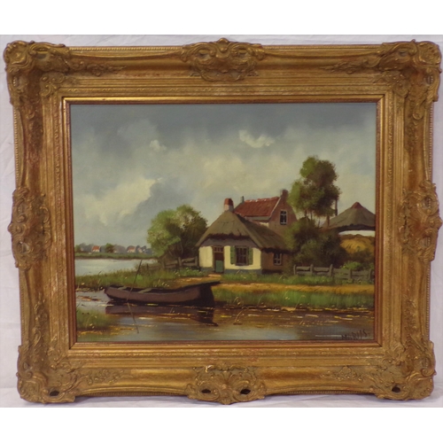 356 - Willem Marijs 'Riverside buildings with punt' oil on canvas, 38x47cm, signed lower right