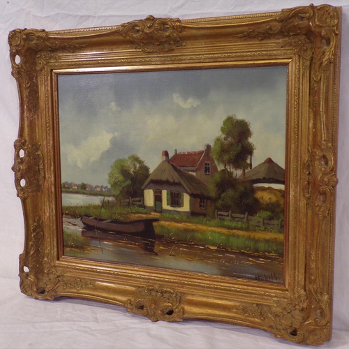 356 - Willem Marijs 'Riverside buildings with punt' oil on canvas, 38x47cm, signed lower right