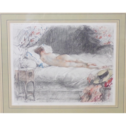 358 - Antoine Calbet (1860-1944) ' L'éveil' and 'Sleeping nude', a pair of etchings, 25x32cm each, signed ... 