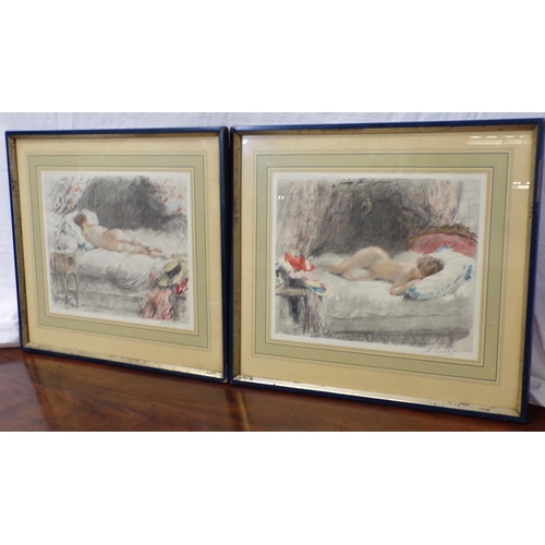 358 - Antoine Calbet (1860-1944) ' L'éveil' and 'Sleeping nude', a pair of etchings, 25x32cm each, signed ... 