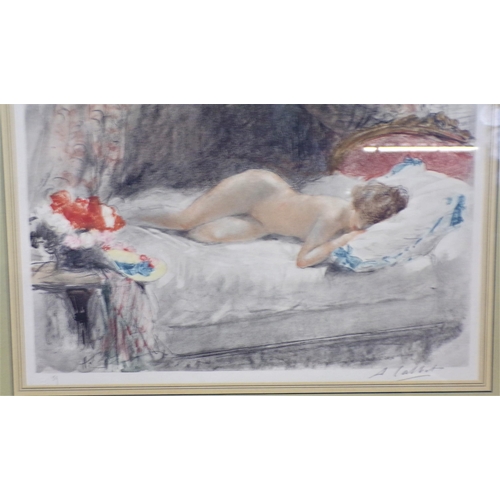 358 - Antoine Calbet (1860-1944) ' L'éveil' and 'Sleeping nude', a pair of etchings, 25x32cm each, signed ... 