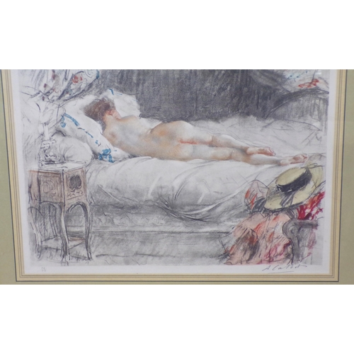 358 - Antoine Calbet (1860-1944) ' L'éveil' and 'Sleeping nude', a pair of etchings, 25x32cm each, signed ... 