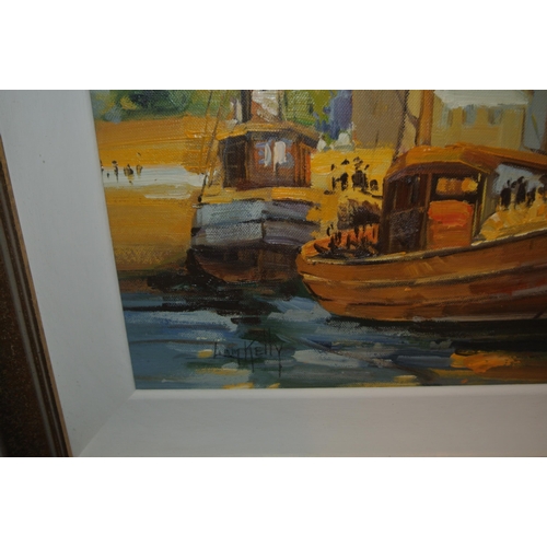 367 - Liam Kelly 'Fishing boats in harbour' oil on board 50x60cm signed lower left, titled verso