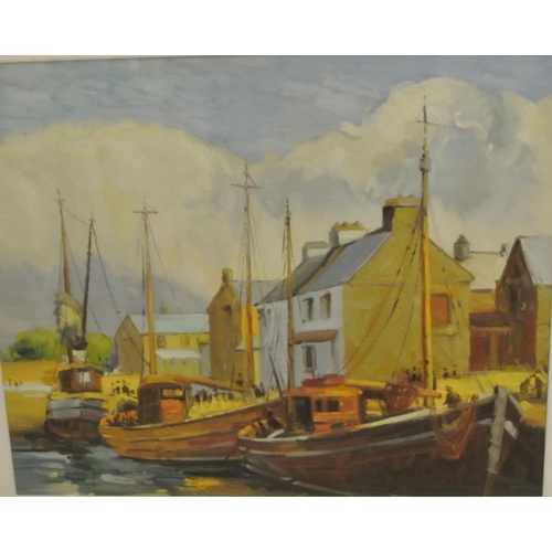 367 - Liam Kelly 'Fishing boats in harbour' oil on board 50x60cm signed lower left, titled verso