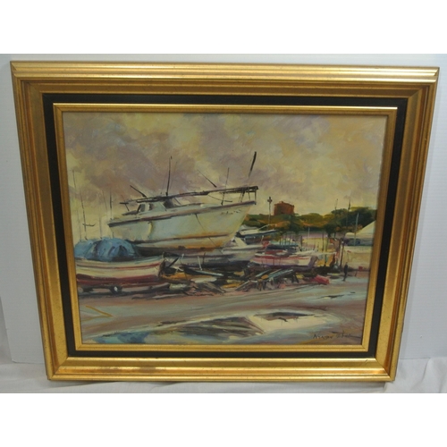 398 - Norman Teeling 'Boats on the Yard' oil on board, 50x60cm signed lower right