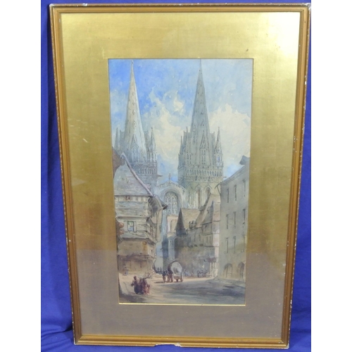 400 - Paul Marny 'Cathedral of Caen, Normandy' watercolour, signed lower left, titled verso