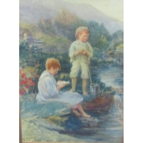 405 - Edith Hume (1843–1906) 'Children by a stream' watercolour 24x17cm signed lower left